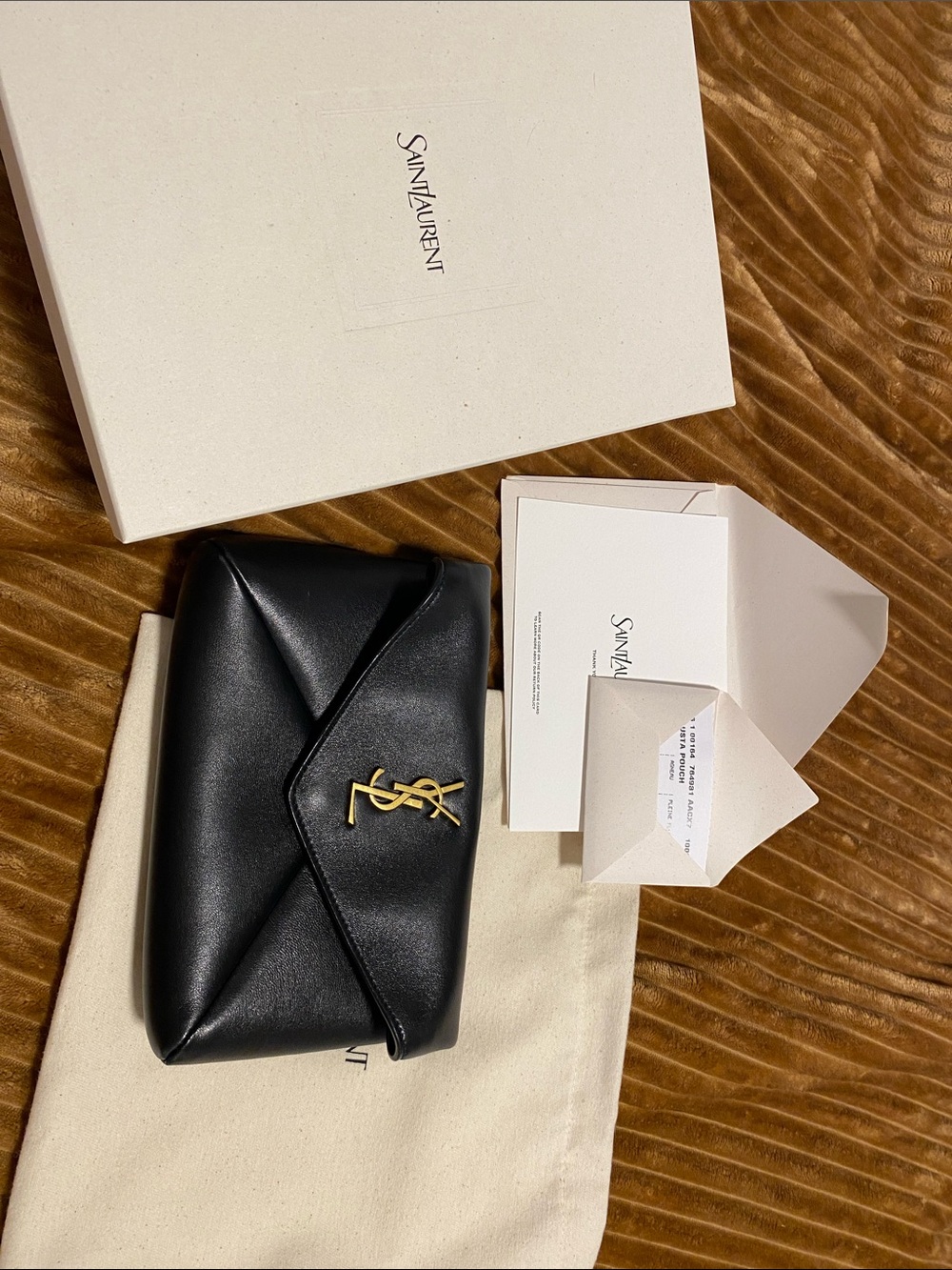 Saint Laurent Black Leather Envelope clutch with Gold YSL Monogram
